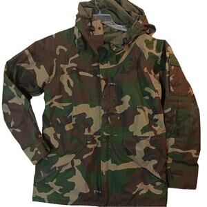 Vintage USGI M81 ECWCS Parka Men Medium Long Woodland Camo Hooded Zip Snap 1987